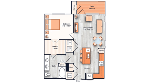 A floor plan of a house with a living room, kitchen, and two bedrooms.
